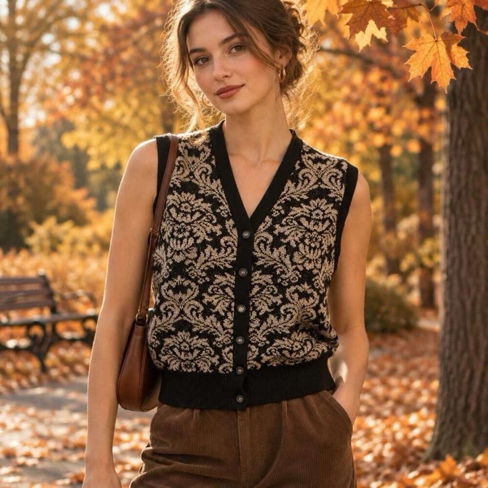 VTG Jones New York Sweater Vest Women P/S Black Beige Knit Merino Wool Blend